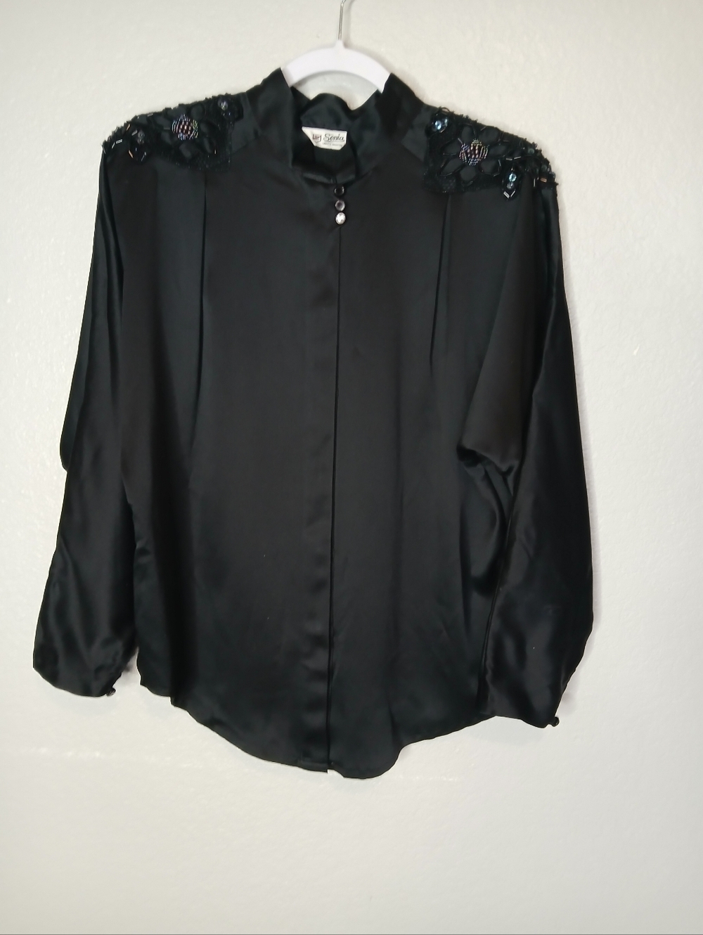 Vintage Embellished Ornate Beaded Black Silk Satin Blouse Mandarin Collar